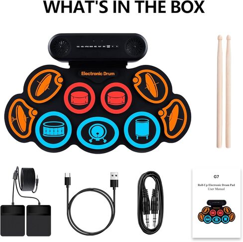 مجموعة الطبول الإلكترونية G7، مجموعة طبول مكونة من 9 وسائد مع مكبرات صوت مدمجة، 7 أصوات طبول، بلوتوث ومدخل AUX، وسادة طبل قابلة للطي مع دواسات قدم، بطارية قابلة لإعادة الشحن، مقبس سماعة الرأس، وقت تشغيل 10 ساعات، طبل محمول in Kuwait