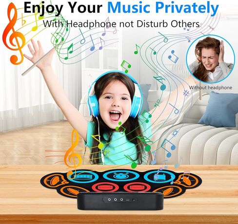 مجموعة الطبول الإلكترونية G7، مجموعة طبول مكونة من 9 وسائد مع مكبرات صوت مدمجة، 7 أصوات طبول، بلوتوث ومدخل AUX، وسادة طبل قابلة للطي مع دواسات قدم، بطارية قابلة لإعادة الشحن، مقبس سماعة الرأس، وقت تشغيل 10 ساعات، طبل محمول in Kuwait