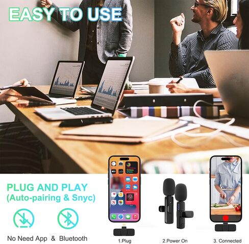 2 Pack Wireless Lavalier Microphone for iPhone, Professional Lapel Mics, Wireless Mic Plug-Play, Lapel Microphone for Video Recording Interview TikTok (USB C for Android iphone15/16) in Kuwait