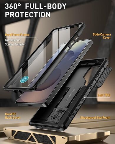 Poetic Spartan Case for Galaxy S25 Ultra 6.9", [Slide Camera Cover] [Screen Protector Works with Fingerprint ID] Military Grade Rugged Shockproof S25 Ultra Phone Case with Kickstand, Metallic Orange in Kuwait