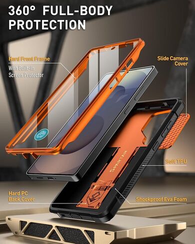 Poetic Spartan Case for Galaxy S25 Ultra 6.9", [Slide Camera Cover] [Screen Protector Works with Fingerprint ID] Military Grade Rugged Shockproof S25 Ultra Phone Case with Kickstand, Metallic Orange in Kuwait