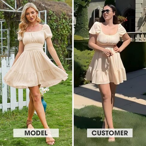 EXLURA Women's 2025 Summer Short Puff Sleeve Casual Short Mini Dresses Tie Back Square Neck A-Line Sundress in Kuwait