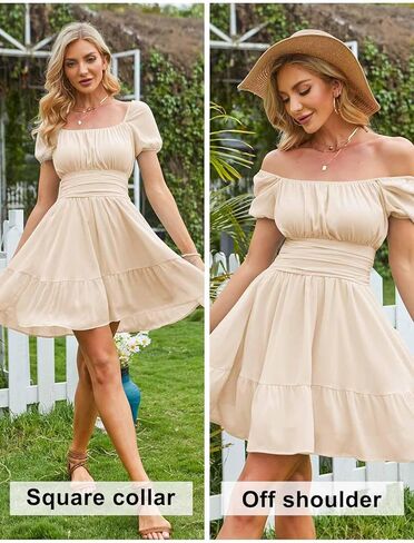 EXLURA Women's 2025 Summer Short Puff Sleeve Casual Short Mini Dresses Tie Back Square Neck A-Line Sundress in Kuwait