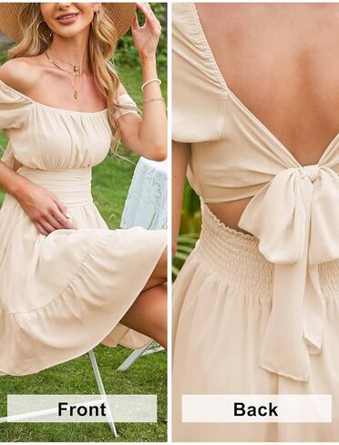 EXLURA Women's 2025 Summer Short Puff Sleeve Casual Short Mini Dresses Tie Back Square Neck A-Line Sundress in Kuwait