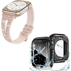 Goton 2-in-1 Waterproof Case & Bling Thin Band Designed for Apple Watch Series 9/8/7 41mm, 360-degree Screen Protector with Glitter Silicone Strap Accessories (For 41mm Only)