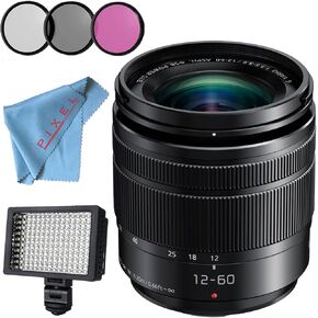Panasonic Lumix G Vario H-FS12060 12-60mm f/3.5-5.6 ASPH. Power O.I.S. Lens + 58mm 3 Piece Filter Kit + Professional 160 LED Video Light Studio Series + Fibercloth Bundle