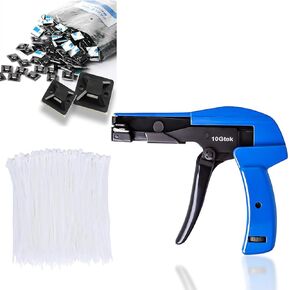 Cable Tie Gun with 1000pcs Nylon Zip Ties and 100 PCS Zip Tie Mounts, Fasten and Cut Zip Tie Tool with Steel Handle, 3 Inch White Zip Cable Ties, Self Locking Cable Ties, 21mm x 21mm Squares