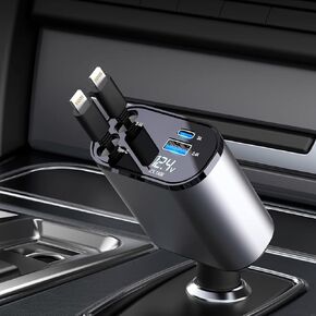 Retractable Car Charger - 60W Fast Charger - 4 in 1 Fast Car Phone Charger - Retractable USB Car Cables - Compatible for iPhone 15/14/13/12/11,Galaxy,Pixel (Dual Lightning Retractable Cords)