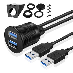 TNP USB Flush Mount Cable - Dashboard Panel Dash Mount 2 Ports Dual USB Socket Plug Jack Connector Extension Wire Cord Water Resistant Male to Female for Car Truck Trailer Boat Motorcycle (1.8M / 6FT)