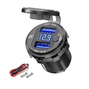 12V USB C Outlet, Aluminum Alloy Dual Quick Charge 3.0 Port Adapter,Waterproof Fast Charging Socket with Voltmeter and Switch,for Marine Motorcycle Truck Golf Cart RV