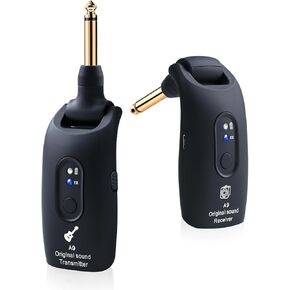A9-2 Wireless Guitar System 2.4GHz Built-in Rechargeable Li-Battery 270°Rotatable Audio Wireless Transmitter Receiver for Guitar Bass Violin Keyboard Electric Instruments (Blue 2TX + 1RX)