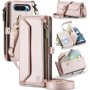 Crossbody Wallet Case Compatible with Google Pixel 9 Pro XL RFID Blocking 10-Card Holder Soft PU Leather Magnetic Snap Shoulder Strap Zipper Phone Case Fit for Pixel 9 Pro XL - Rose Gold