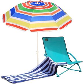 Beach Folding Chair Sets, with 1 Umbrella, Outdoor Low Seat Camping Chair, Beach Towel for Sand Camping Travel Outdoor Pool, Blue