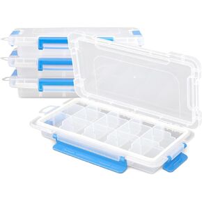 Magshion 4-Pack Portable Fishing Tackle Boxes, 15 Grids Waterproof Plastic Storage Organizer with Dividers, Snap Lids, Compact Design for Fishing, Art Craft, Bead, Jewelry (9 Inch, White)