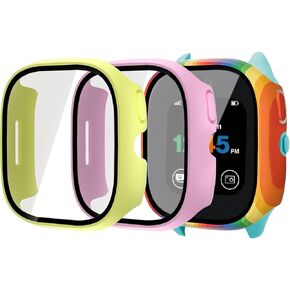 Case for Gizmo-Watch 3 Screen-Protector Cover - 3Pack Overall Hard PC Tempered Glass High Touch Sensitive Protective Case Accessories for Verizon Gizmo Watch 3 for Kids (Rainbow+Kids Green+Pink)
