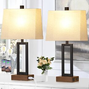 23.5" Touch Control Table Lamps Set of 2, Bedside Lamp with 2 USB Ports & AC Outlet, 3-Way Dimmable Nightstand Lamp with White Linen Shade for Living Room Bedroom End Table Office(2 LED Bulb Included)