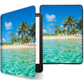 لـ Kindle Paperwhite 4 2018 Case 10th Generation e-Reader Pu Leather Cover مع حالة وقائية للنوم/الاستيقاظ على Amazon Kindle Paperwhite 10 Gen 2018 ، Palm Tree Beach