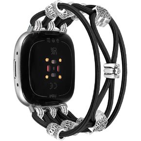 Beaded Bracelet Compatible with Fitbit Versa 4/Versa 3/Sense 2/Sense Bands Women, Boho Soft Elastic Stretchy Nylon Braided Strap Fancy Dressy Charms Wristband for Fitbit Smartwatch