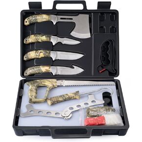 GVDV Hunting Knife Set - 14 Pieces, Portable Butcher Game Processing Kit for Men, Field Dressing Kit with Gut Hook Skinner Knife, Caping knife, Axe, Wood/Bone Saw, Spreader, Gloves, Gifts for Men