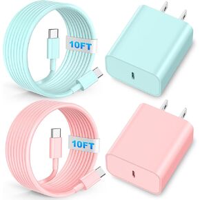 i Phone Fast Charger, 2Pack 60W 10FT Long USB C Charging Cable Cord 20W USB C Charger Block, Compatible with i Phone 16/16 Plus/16 Pro/16 Pro Max/15/15 Pro/15 Pro Max/15 Plus - Pink Green