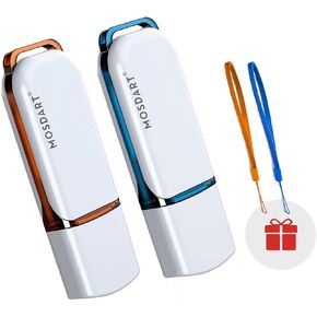 MOSDART 64GB USB 2.0 Flash Drive, with LED Light and Lanyards, exFAT Memory Stick for Computers, System Backup, Data Storage, Orange and Blue(Pack of 2)