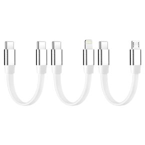 3-Mixed Pack Short Charging Cables | USB C to Lightning, C to Micro USB, C to Type C, Ultra-Soft Flat Cords, Perfect for Charging Station or Handheld Charging with Power Bank and Travel/White