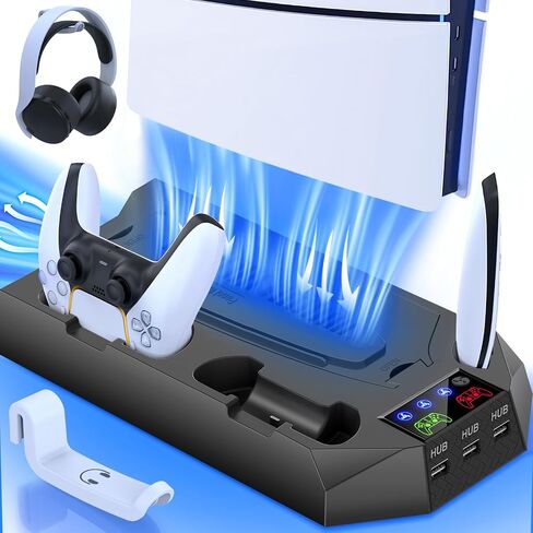 PS5/Slim/Pro Cooling Station for PlayStation 5 Console Disc/Digital Edition - PS5 Slim Pro Cooling Stand with Controller Charging Station Accessories-Cooler Fan/Headset Holder/3 USB Hub, White in Kuwait