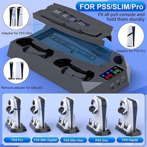 PS5/Slim/Pro Cooling Station for PlayStation 5 Console Disc/Digital Edition - PS5 Slim Pro Cooling Stand with Controller Charging Station Accessories-Cooler Fan/Headset Holder/3 USB Hub, White in Kuwait
