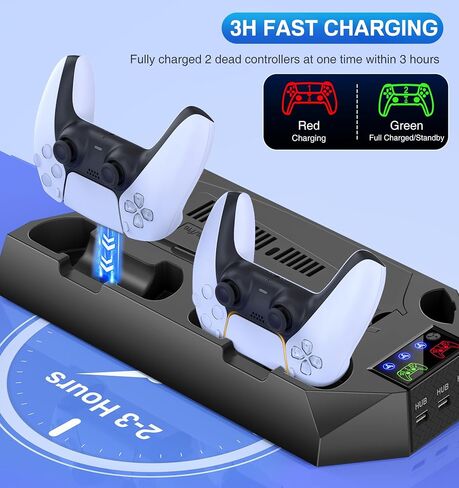 PS5/Slim/Pro Cooling Station for PlayStation 5 Console Disc/Digital Edition - PS5 Slim Pro Cooling Stand with Controller Charging Station Accessories-Cooler Fan/Headset Holder/3 USB Hub, White in Kuwait
