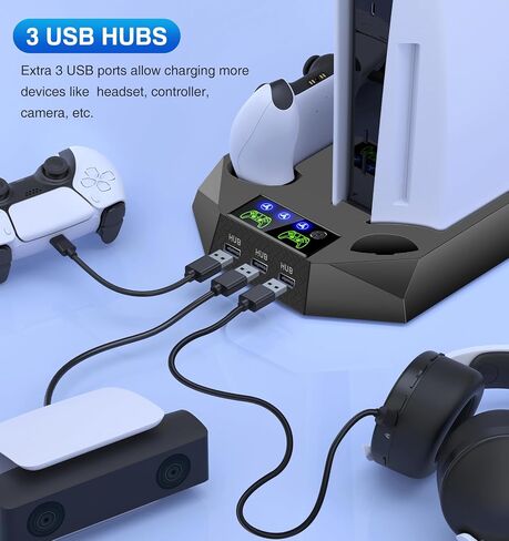 PS5/Slim/Pro Cooling Station for PlayStation 5 Console Disc/Digital Edition - PS5 Slim Pro Cooling Stand with Controller Charging Station Accessories-Cooler Fan/Headset Holder/3 USB Hub, White in Kuwait