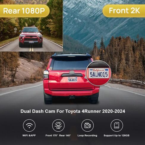 FITCAMX Front 4K+REAR 1080P DASH CAM لعام 2020-2024 TOYOTA 4RUNNER TRD Sport Limited Pro Off-Road Venture SR5 Premium ، Look OEM ، تسجيل حلقة ، واي فاي وتطبيق مضمّن ، G-SENSOR ، سهلة الاستخدام ، بطاقة 128GB in Kuwait