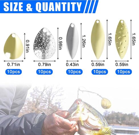 Spinner Blades for Lure Making, 50pcs Easy Spin Colorado Willow Blades Kit Spinner Baits Blades Spoons Blades Lure Making Tackle DIY Fishing Lures Accessories for Spinner Baits Walleye Rig Making in Kuwait