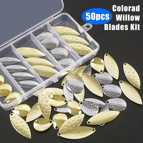Spinner Blades for Lure Making, 50pcs Easy Spin Colorado Willow Blades Kit Spinner Baits Blades Spoons Blades Lure Making Tackle DIY Fishing Lures Accessories for Spinner Baits Walleye Rig Making in Kuwait