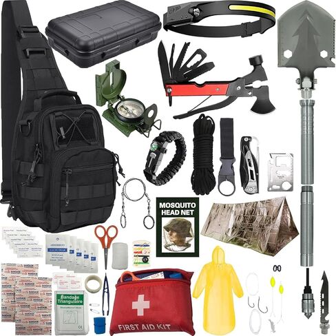 Emergency Survival kits, Go Bag Survival Gears including First Aid kit Compass Headlamp Shovel Axe Fire starter Tactical Tools 4 Outdoor Camping scout Gifts Ideas Men Husband Boyfriend Dad Father Boys in Kuwait
