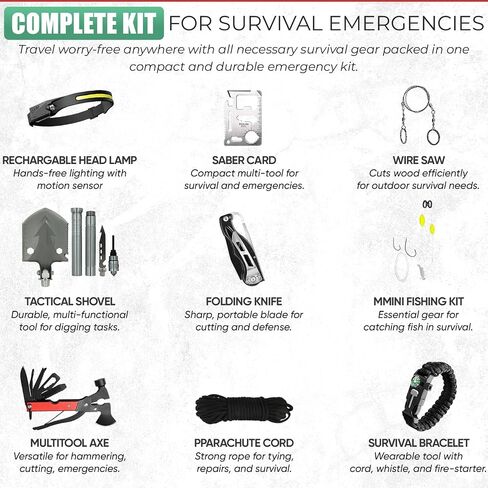 Emergency Survival kits, Go Bag Survival Gears including First Aid kit Compass Headlamp Shovel Axe Fire starter Tactical Tools 4 Outdoor Camping scout Gifts Ideas Men Husband Boyfriend Dad Father Boys in Kuwait