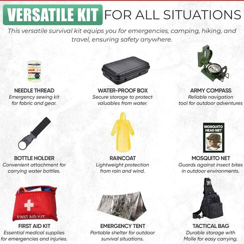 Emergency Survival kits, Go Bag Survival Gears including First Aid kit Compass Headlamp Shovel Axe Fire starter Tactical Tools 4 Outdoor Camping scout Gifts Ideas Men Husband Boyfriend Dad Father Boys in Kuwait