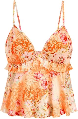 Milumia Women's Floral Mesh Cami Crop Top V Neck Ruffle Spaghetti Strap Tank Tops in Saudi Arabia