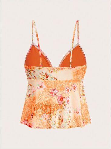 Milumia Women's Floral Mesh Cami Crop Top V Neck Ruffle Spaghetti Strap Tank Tops in Saudi Arabia