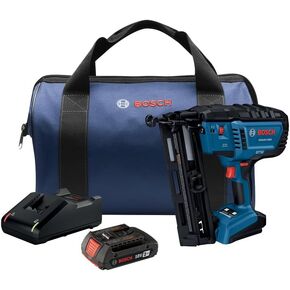 BOSCH GNH18V-16MAB12 18V Brushless 16-Gauge Angled Finish Nailer Kit with 2Ah Battery - Cordless, Compact, and Powerful for Interior Trims, Crown Moldings, and More