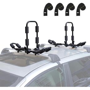 Leader Accessories 2 in 1 Aluminum Folding Kayak Rack J Bar Car Roof Rack for Canoe Surf Board SUP On Roof Top Mount on SUV, Car and Truck Crossbar with 4 pcs Tie Down Straps