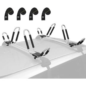 Leader Accessories 2 in 1 Aluminum Folding Kayak Rack J Bar Car Roof Rack for Canoe Surf Board SUP On Roof Top Mount on SUV, Car and Truck Crossbar with 4 pcs Tie Down Straps