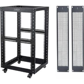 RIVECO 18U Open Frame Server Rack with Brake Casters- Heavy Duty 4 Post 19-inch Rack Network Durable & 2U Vented Panels 2PCS