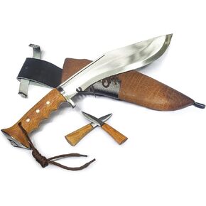 10" Blade Iraqi Operation Gripper Blocker Handle Kukri, Handmade Combat khukuri, Sharp Carbon Steel Blade, Rosewood Brown Handle, Brown Leather Scabbard Full Tang Khukuri w/ 2 extra small knives