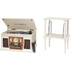 Victrola Navigator 8-in-1 Classic Bluetooth Record Player with USB Encoding and 3-Speed Turntable Bundle with Victrola Wooden Stand for Wooden Music Centers with Record Holder Shelf, White