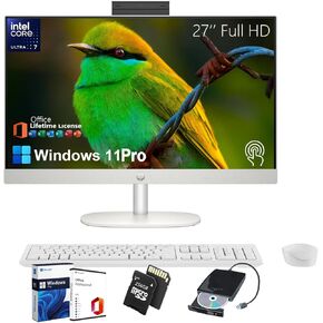 HP 27-inch All-in-One Desktop PC - Microsoft Office Lifetime, FHD Touchscreen Display, Free CD/DVD Drive, Intel Ultra 7-155U, Windows 11 Pro, Business AIO for Everyday Use (32GB RAM, 1TB SSD)