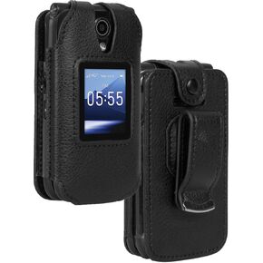 Case for Verizon Orbic Journey Pro/Lite Flip Phone, Nakedcellphone [Black Vegan Leather] Form-Fit Cover [Built-in Screen Protection] and [Metal Belt Clip] for R320L (2024)
