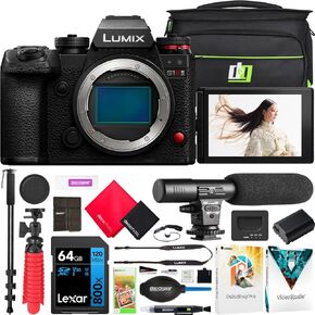 Panasonic Lumix S1RII إطار كامل الكاميرا بدون مرآة حزمة DC-S1RM2 بما في ذلك حقيبة التصوير الفوتوغرافي DECO + ميكروفون + monopod + 64 جيجابايت بطاقة الذاكرة + مجموعة البرامج والملحقات