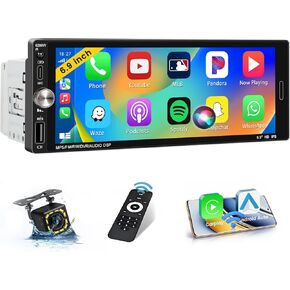 6.9 Inch Single Din Car Stereo with Wireless CarPlay Android Auto, HD Touchscreen Car Radio Dash Kit with FM/RDS Bluetooth EQ Mirror Link SWC USB/Type-C Port Backup Camera Mic Remote Control
