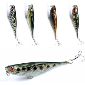 5 Pack Fishing Pencil Popper Lures, as Hard Bait Plugs for Bass Salmon Redfish Trout in Freshwater Saltwater 053