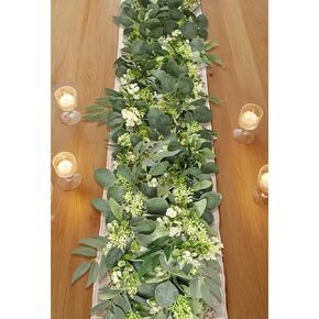 6Ft Eucalyptus Garland, Upgrade Bushy Artificial lvy Greenery Vines with Flower Gypsophila Willow Leaves for Home Wedding Party Table Runner Centerpiece Decor